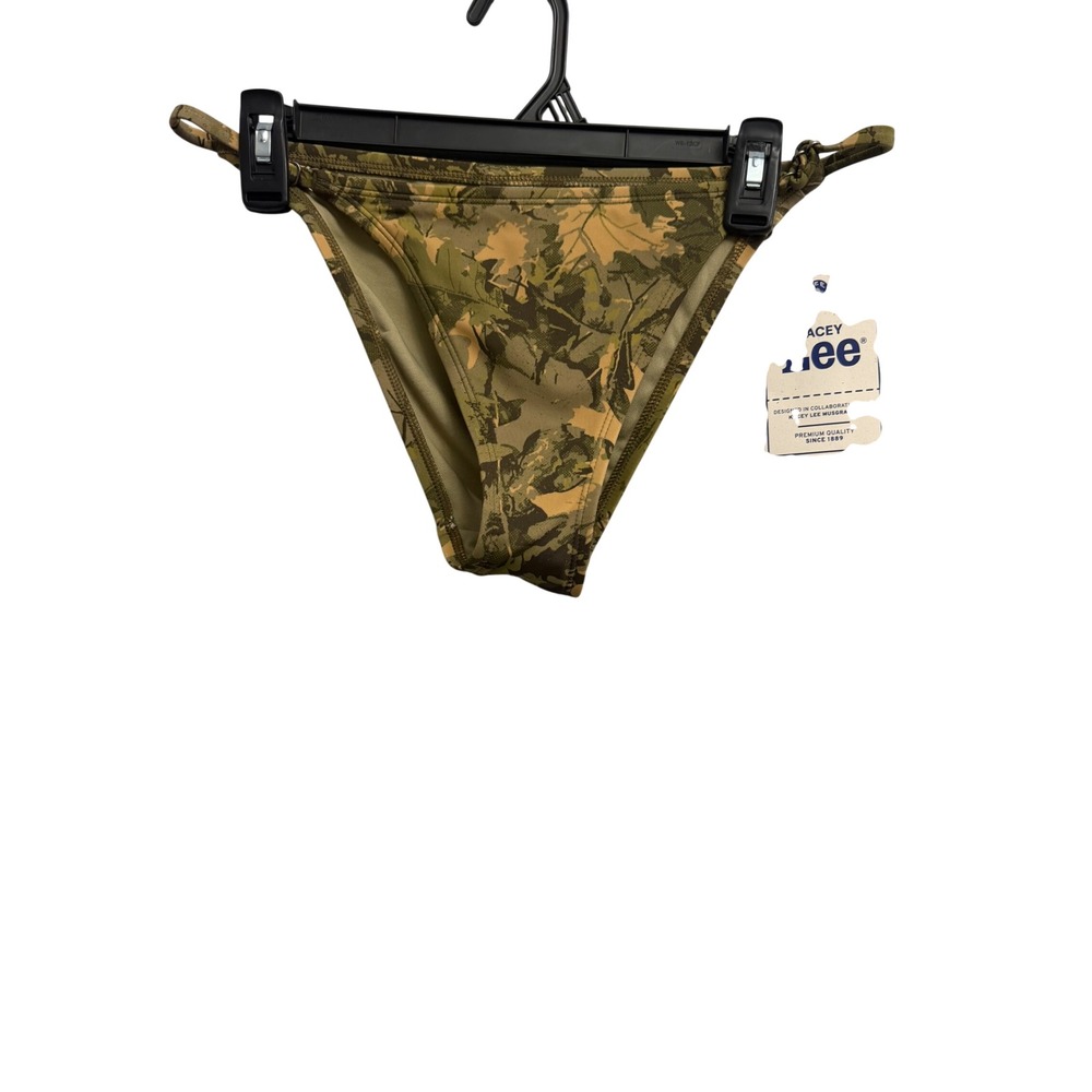 Kacey Lee x Lee Camo Cheeky Bikini Bottoms Green Tan O-Ring Swim Size M 8-10